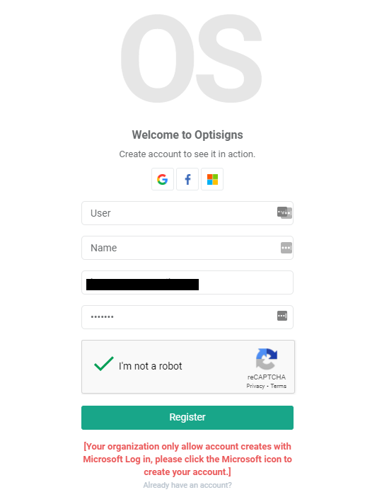 optisigns failed login error example