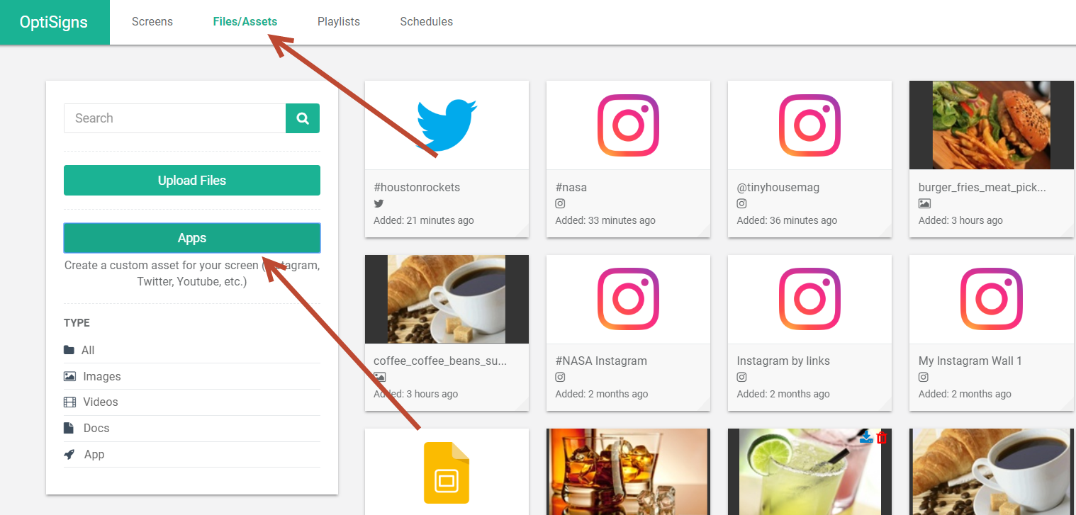 optisigns portal with arrows pointing to Files/Assets tab and Apps button