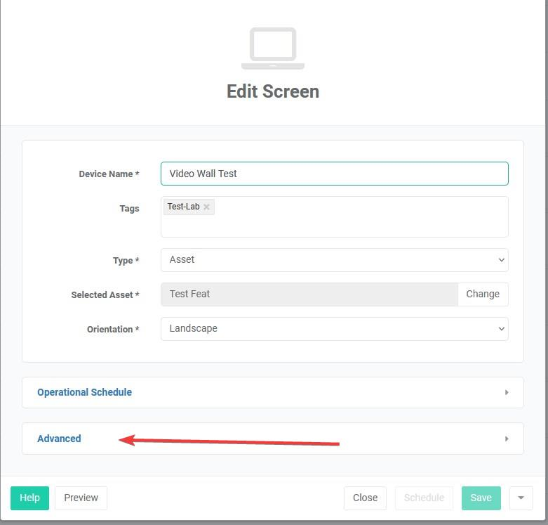 edit screen menu in optisigns web browser with arrow pointing toward Advanced button