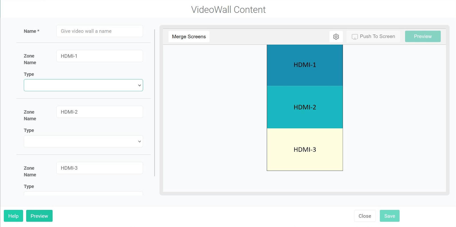 open video wall app with zone options on left and screen layout on right