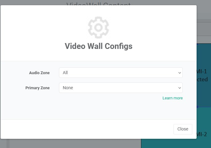 picture of video wall configs menu with audio zone and primary zone options