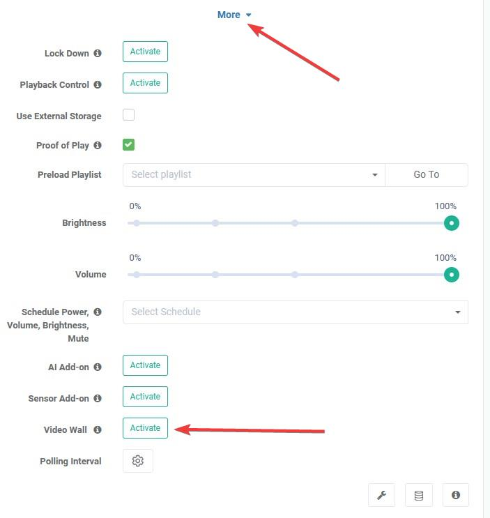 edit screen menu in optisigns scrolled down with arrow pointing at More button and another arrow pointed at Video Wall activate button