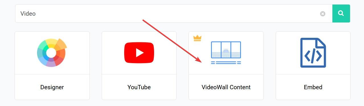 picture of several app options within optisigns web browser with arrow pointing at Video Wall app