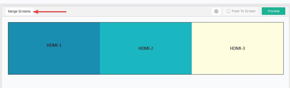 image of 3x1 video wall with arrow pointing at merge screens button