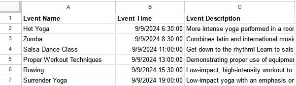 example of google sheet layout with daily events