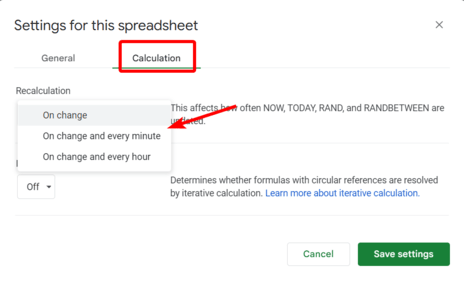 google sheets tutorial image with Calculation highlighted and red arrow pointing at On change and every minute option