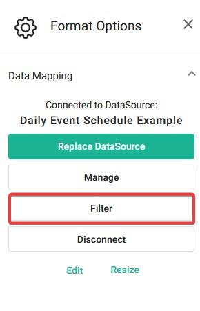 optisigns format options menu with Filter option highlighted
