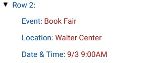 data cluster example including Row 2, Event, Location, and Date & Time