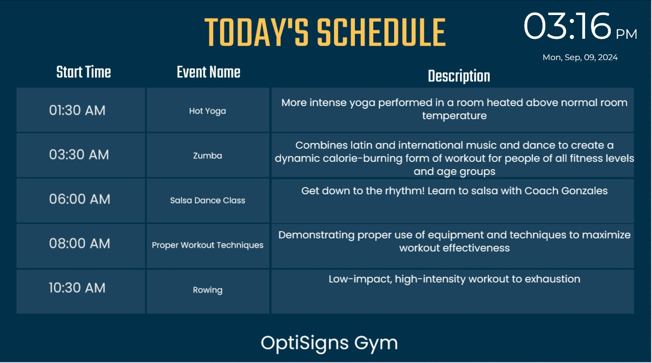 example of a daily event schedule using optisync for optisigns gym