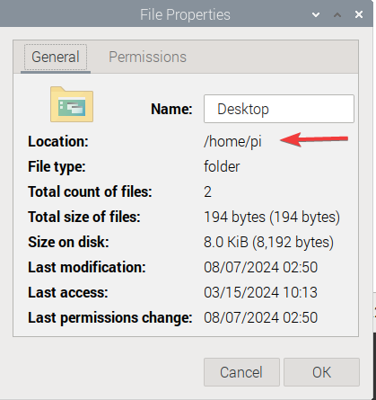 raspberry pi folder highlighting folder path