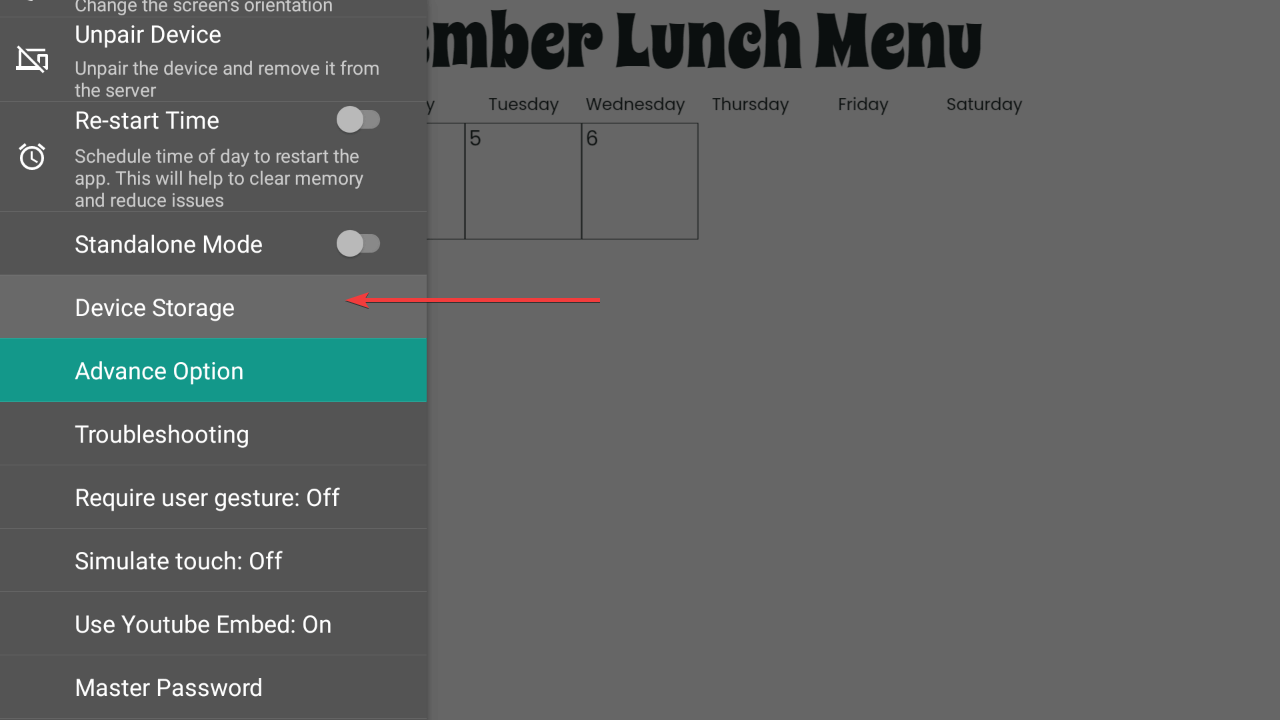optisigns android stick player menu with arrow pointing toward device storage option