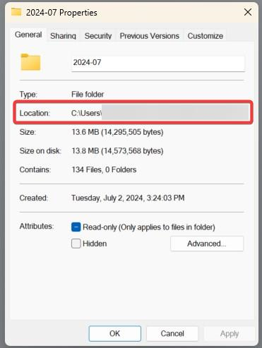 windows folder highlighting folder path