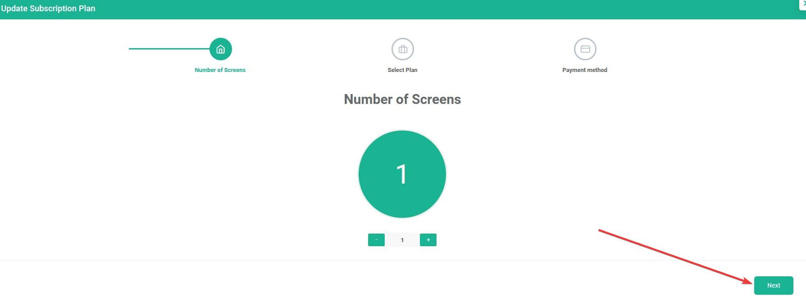 update subscription screen with arrow pointed toward next button
