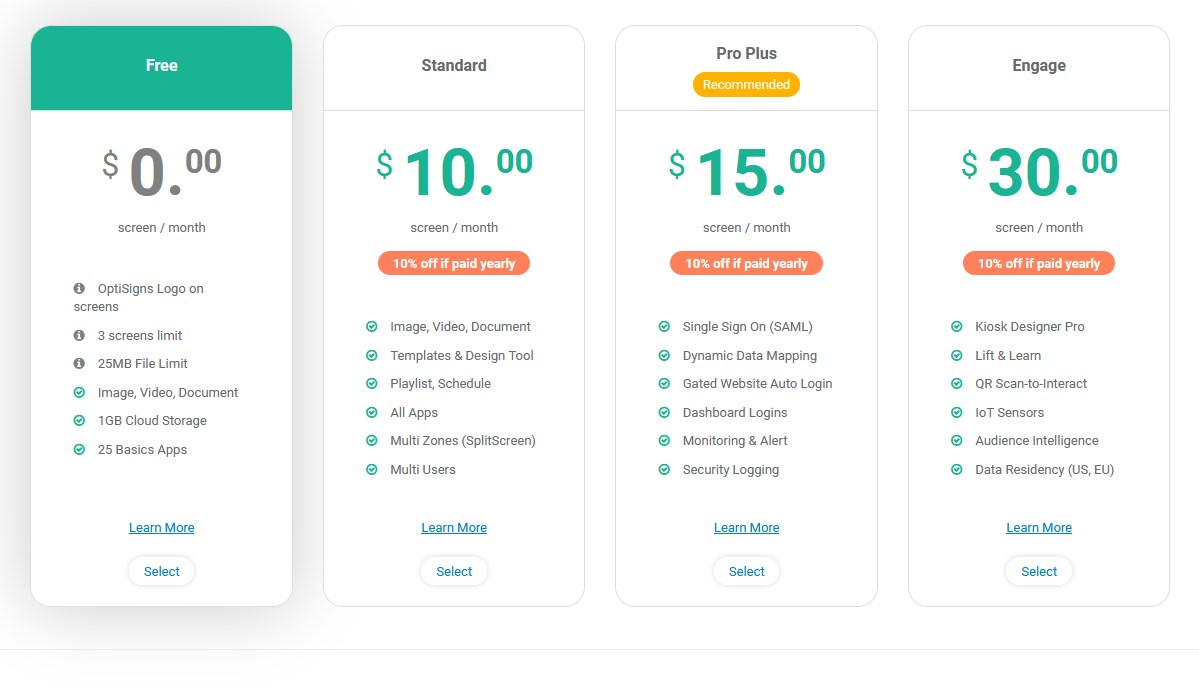 optisigns pricing plan options
