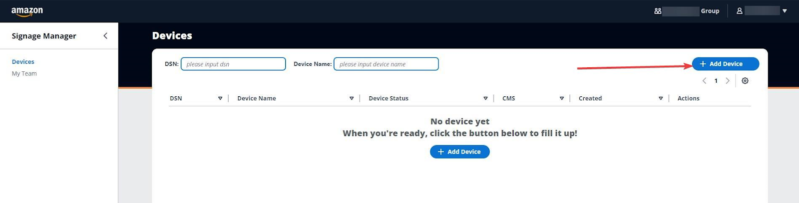 amazon signage portal with arrow pointing toward add device button