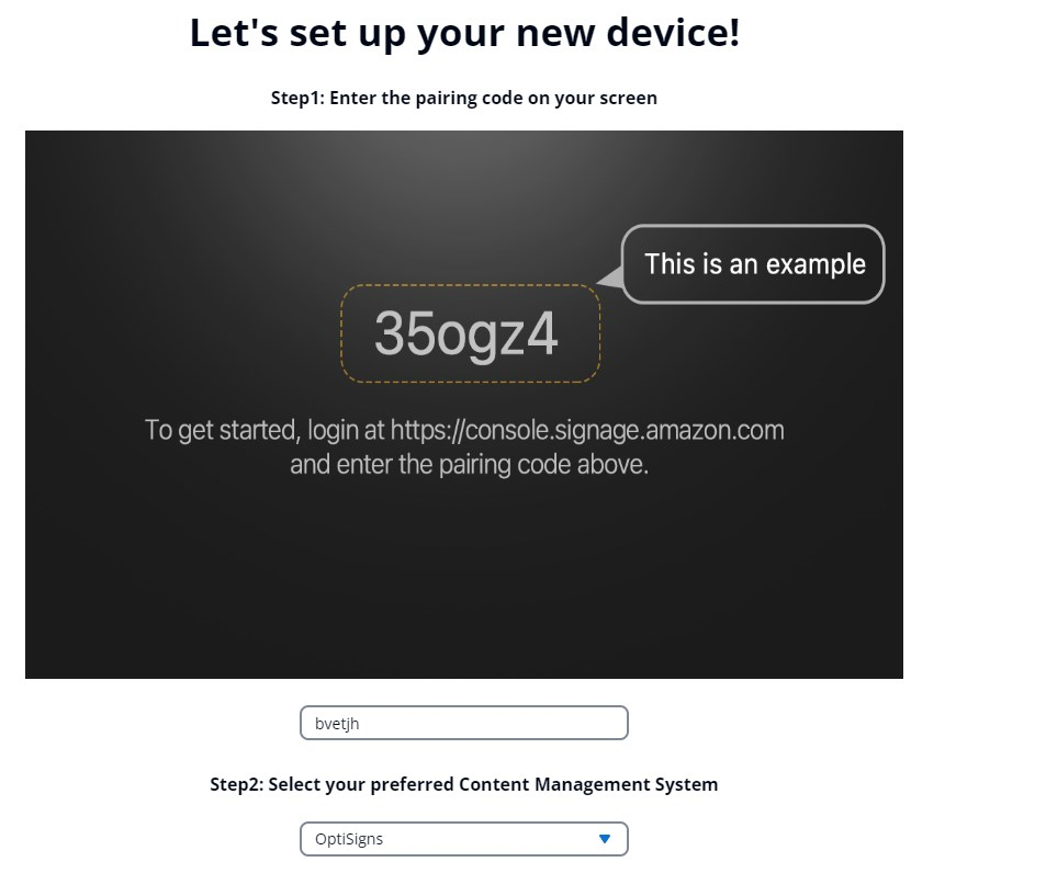 amazon signage portal set up screen with information filled in