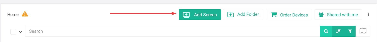 screens tab with arrow pointing at add screen button
