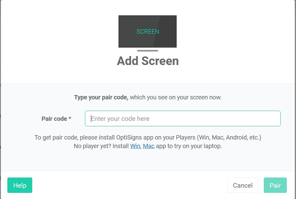 add screen popup optisigns