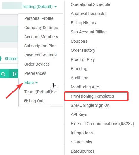 provisioning templates dropdown in optisigns app