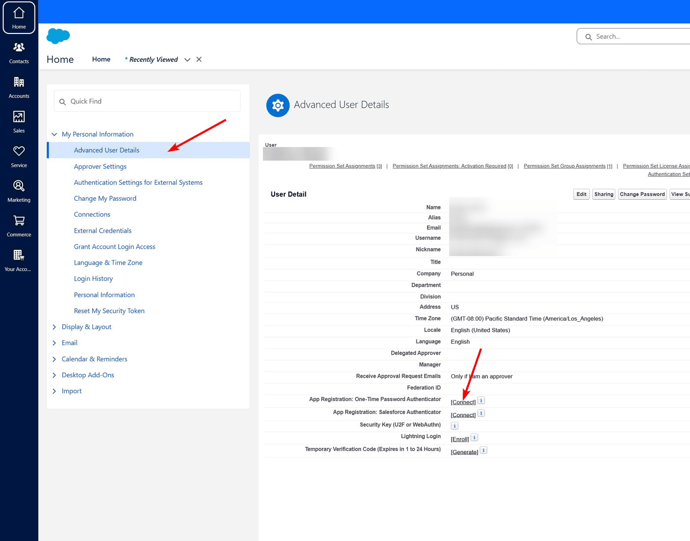 Salesforce account settings and setting up authenticator app