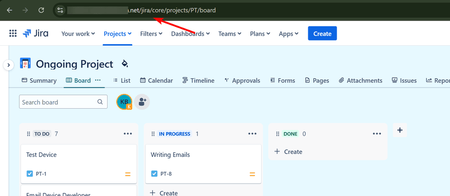 Jira dashboard with the URL pointed at