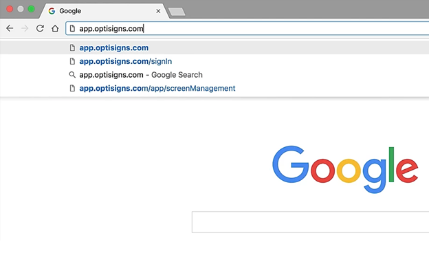 optisigns URL being entered in browser