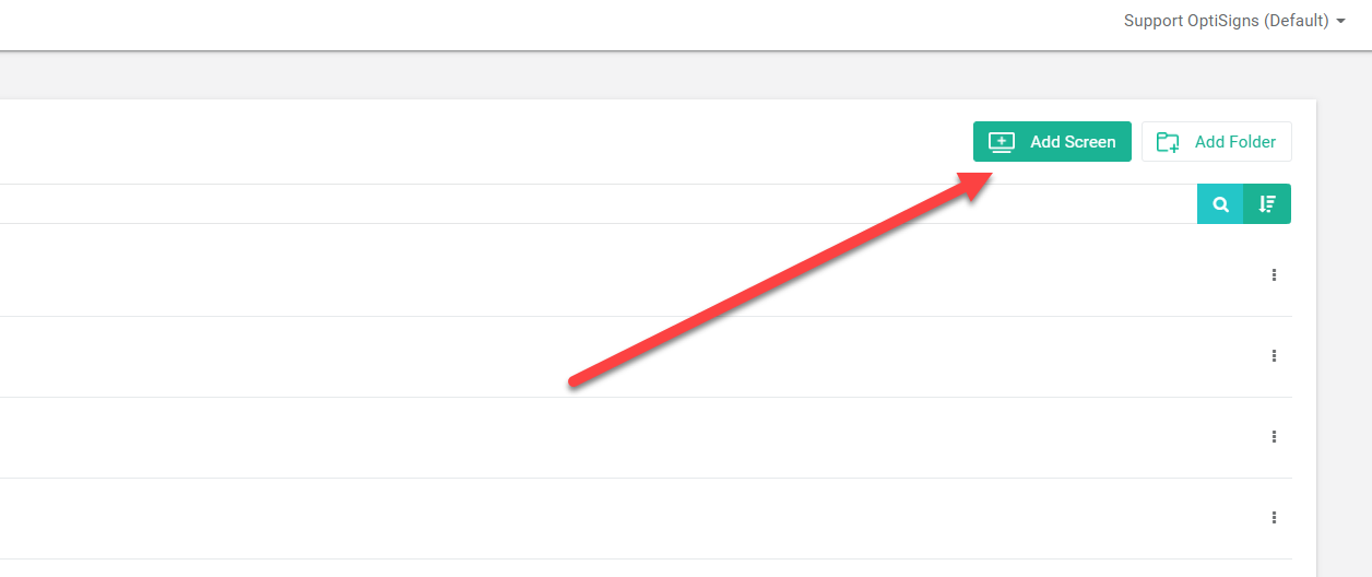 optisigns app with arrow pointing to add screen button