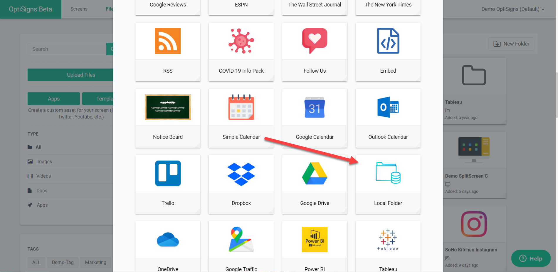 apps screen in optisigns portal with arrow pointing at local folder app