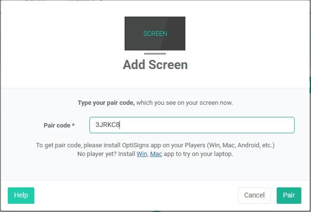 optisigns web portal pair screen menu