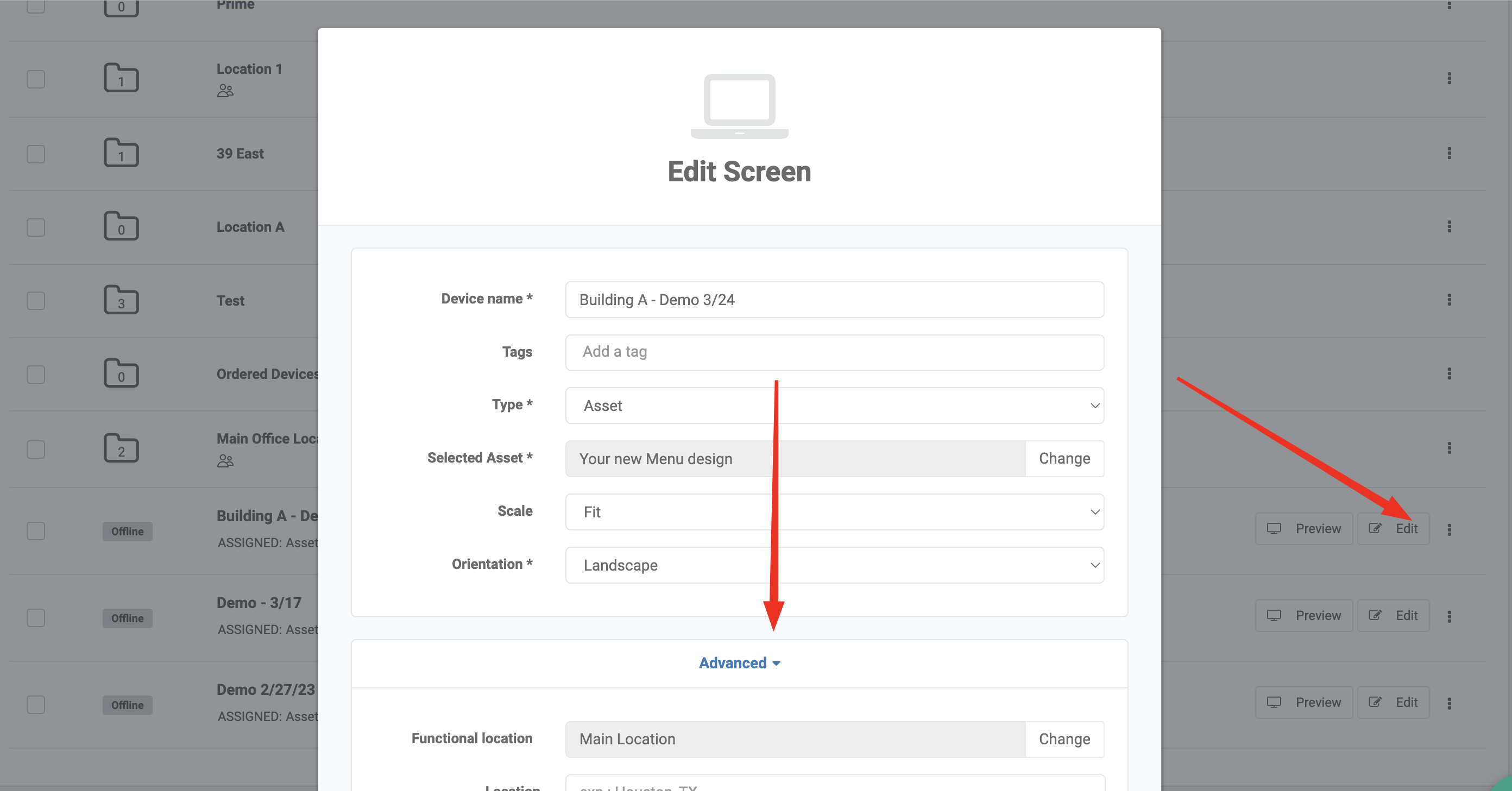 edit screen advanced more