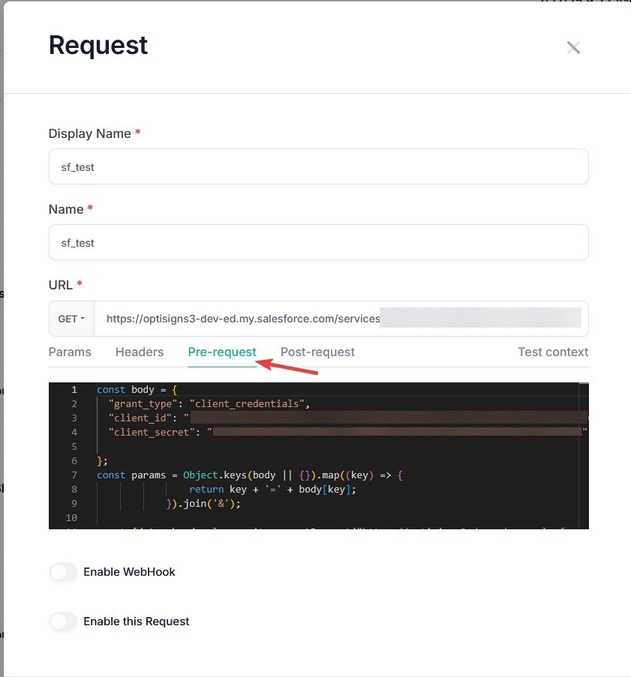 optisigns api request form pre-request