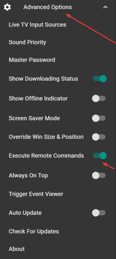 controlling remote commands in-app menu