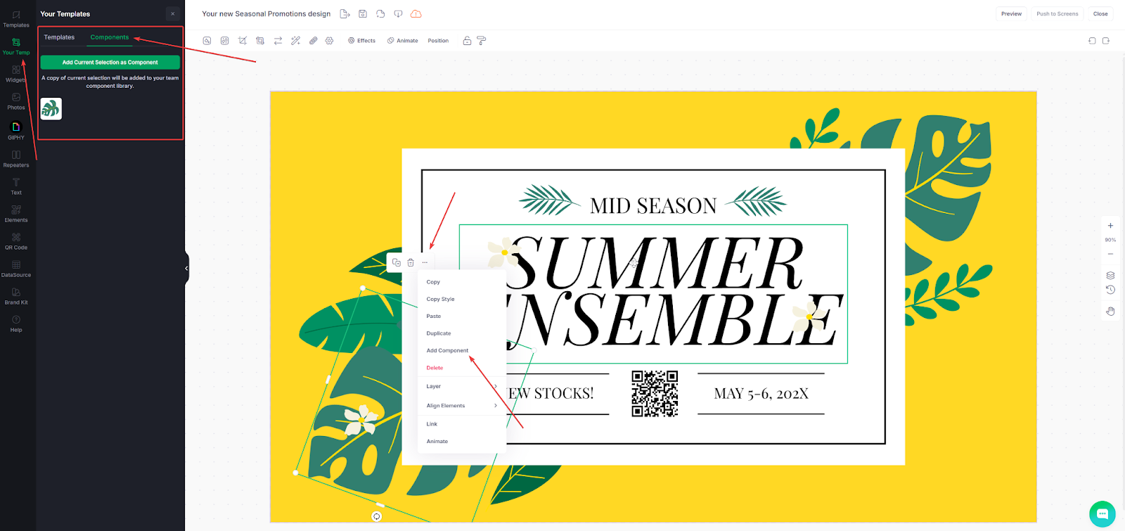 Designer screenshot with a yellow and white design, features arrows showing how to save elements
