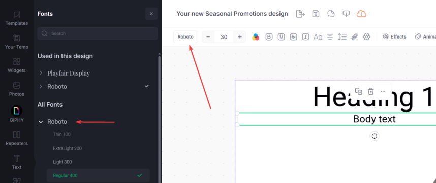 Screenshot of Designer featuring text options, arrows show how to change font and font weight