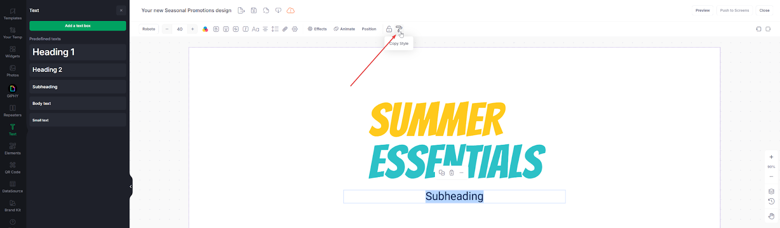 Designer screenshot with yellow and blue text over plain text, arrows show how to copy text style