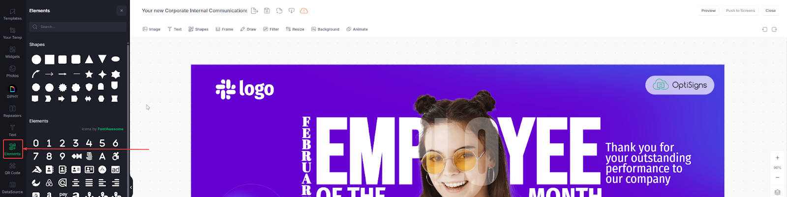 Designer screenshot featuring purple design with a girl and white letters, arrows and box show where to add design elements