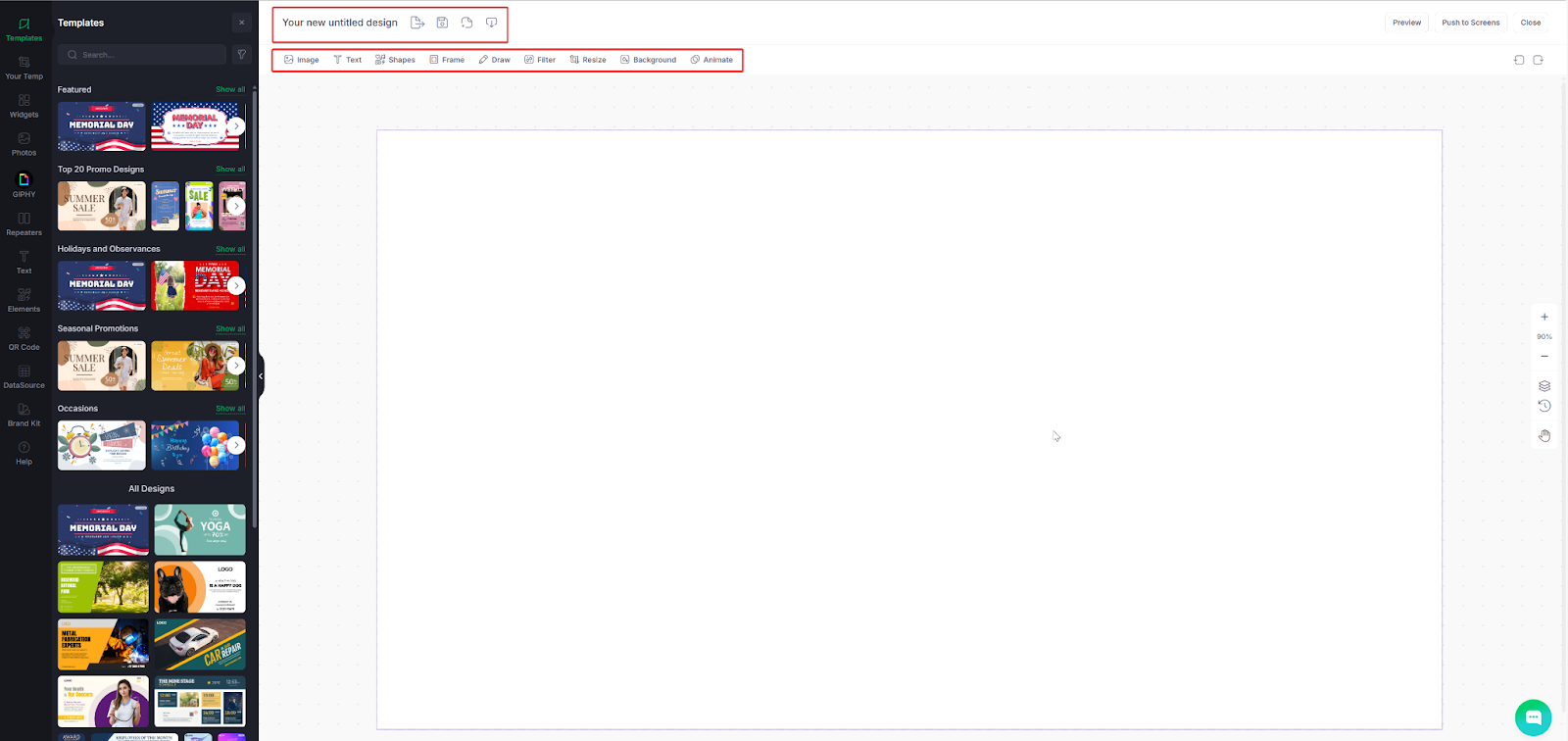 Designer screenshot highlighting toolbar