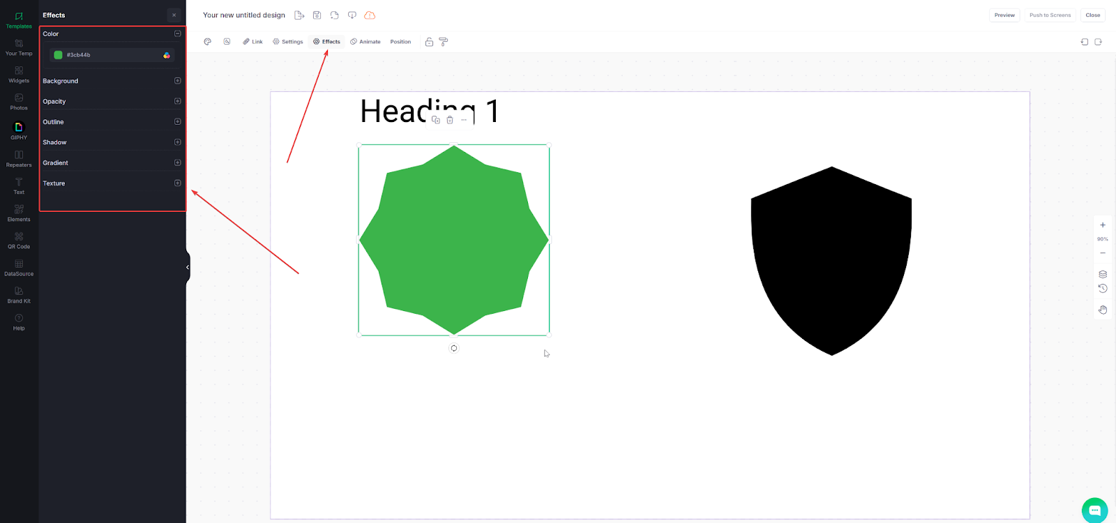 Designer screenshot with two shapes in the design, arrows show how to apply visual effects