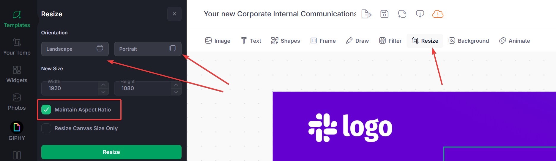 Designer screenshot featuring part of a purple design and arrows show how to change design orientation