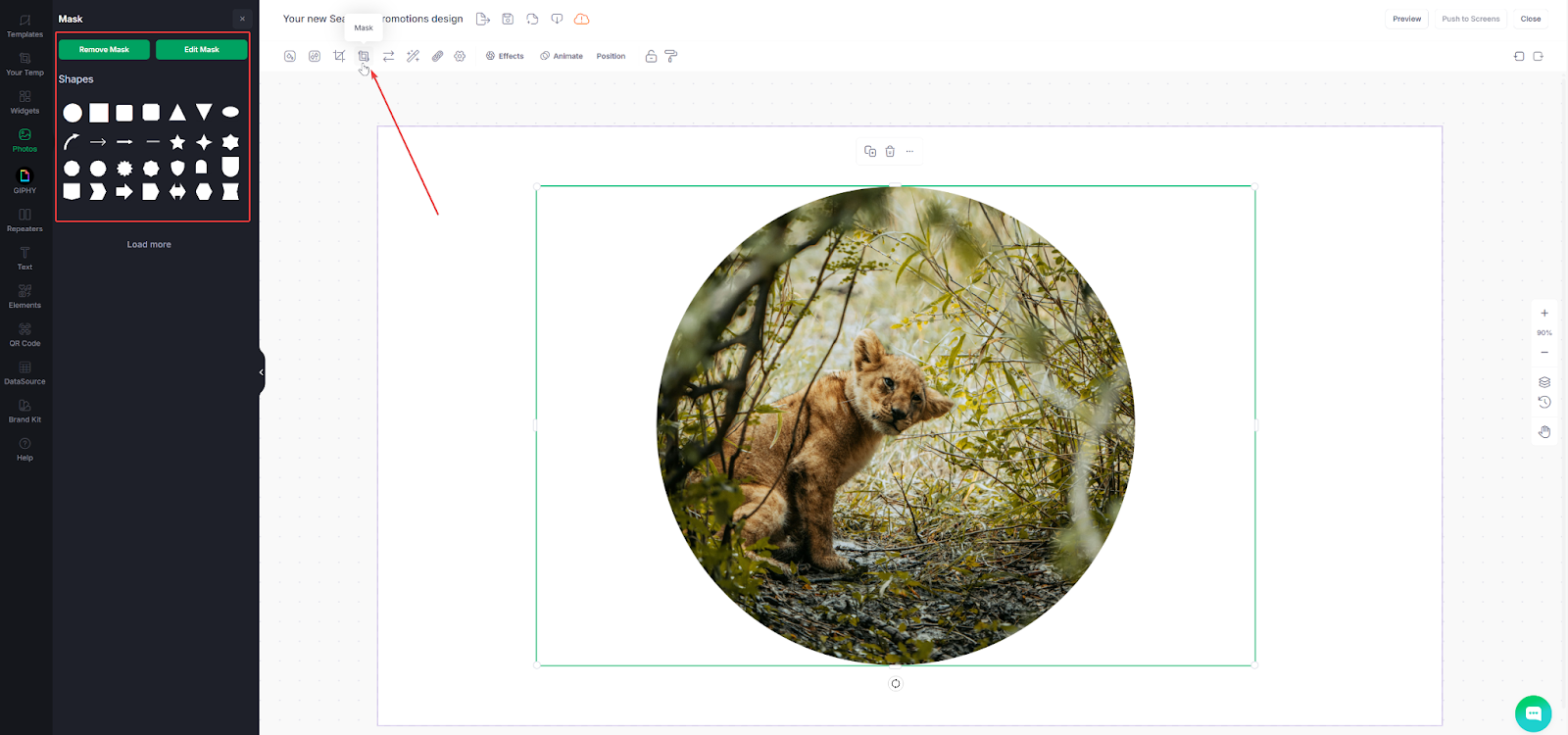 Designer screenshot with image of lion cub in grass cut into a circle shape, arrows show how to apply mask