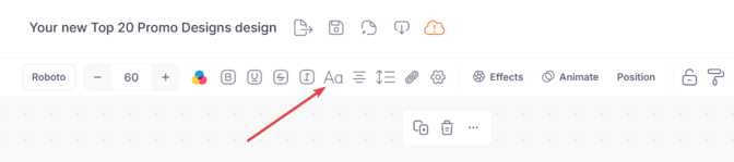 Designer screenshot of tool bar, arrow points to text case icon