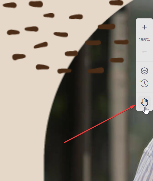 Designer screenshot with dark and light brown background, arrow pointing to hand icon