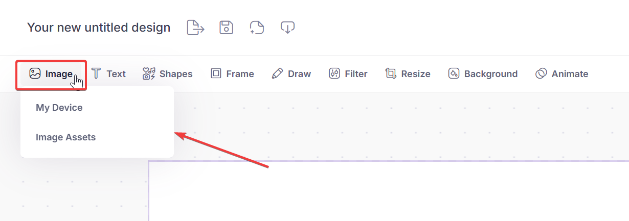 Designer screenshot of tool bar, arrow points to Upload Image options and icon outlined in red