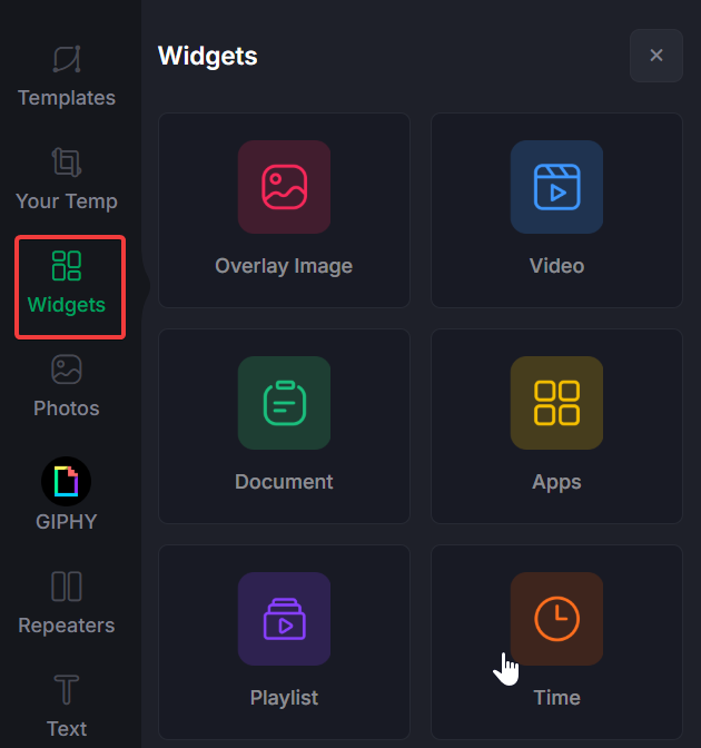 Designer side menu of icons on dark gray background, with Widgets icon outlined in red