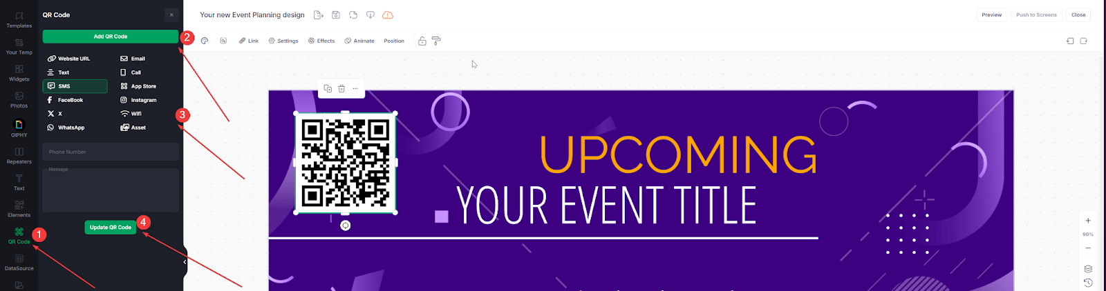 Designer screenshot features purple design with orange and white letters and QR code, numbered arrows show how to add QR codes