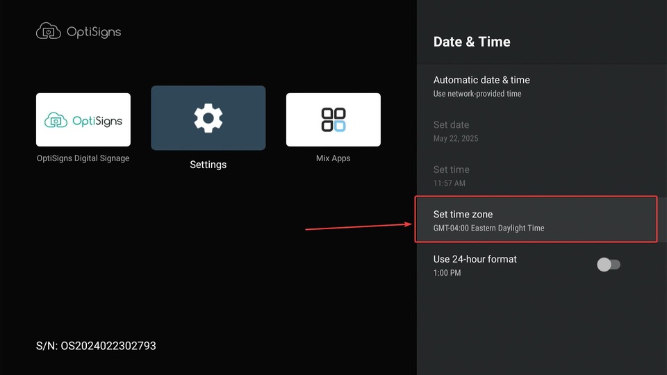select time zone option android side menu