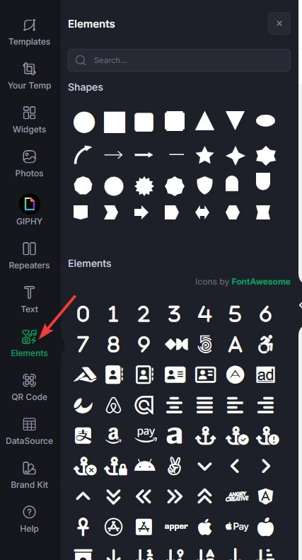 shapes and elements left navbar