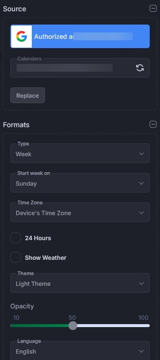 calendar widget source and formats