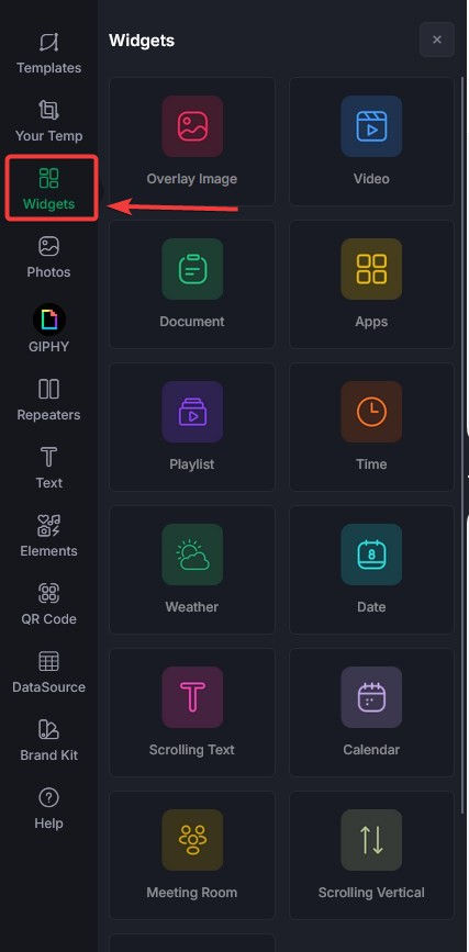 Widgets-Registerkarte Seitenmenü OptiSigns-Designer
