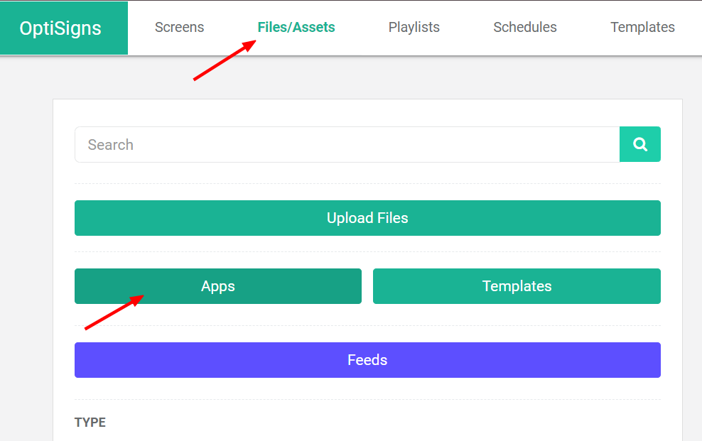 OptiSigns Webbrowser mit Pfeilen, die auf die Registerkarte Dateien/Assets und die Schaltfläche App zeigen